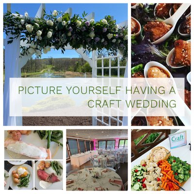 Now Booking 2023 / 2024 - We offer both on-site and off-site catering services in the Central PA area, serving the Berwick, Bloomsburg, Danivlle, Lewisburg, and Hazleton areas! Craft is prepared to cater to your needs almost anywhere!
Our location at The Links at Hemlock Creek includes tables, chairs, china, glassware, flatware, and barware, and offers linen packages, bar packages, and seating for up to 130 guests in our windowed main hall overlooking the pond and outdoor deck.
For weddings, we offer a fully set outdoor ceremony with chairs and an arbor on the beautifully manicured 10th tee, overlooking the 18th green, pond with three seasonal fountains, bridal dressing rooms, and complimentary golf carts for photos on the course.
We also offer the area’s most inclusive Off-Site catering and wedding packages and event planning services, working with nearly a dozen area venues and on private properties. Custom menus, bars, and packages, event planning services, and 5-Star Rated catering are all at your fingertips when you plan a Craft Wedding! Now Booking 2023 / 2024 - We offer both on-site and off-site catering services in the Central PA area, serving the Berwick, Bloomsburg, Danivlle, Lewisburg, and Hazleton areas! Craft is prepared to cater to your needs almost anywhere!
Our location at The Links at Hemlock Creek includes tables, chairs, china, glassware, flatware, and barware, and offers linen packages, bar packages, and seating for up to 130 guests in our windowed main hall overlooking the pond and outdoor deck.
For weddings, we offer a fully set outdoor ceremony with chairs and an arbor on the beautifully manicured 10th tee, overlooking the 18th green, pond with three seasonal fountains, bridal dressing rooms, and complimentary golf carts for photos on the course.
We also offer the area’s most inclusive Off-Site catering and wedding packages and event planning services, working with nearly a dozen area venues and on private properties. Custom menus, bars, and packages, event planning services, and 5-Star Rated catering are all at your fingertips when you plan a Craft Wedding!