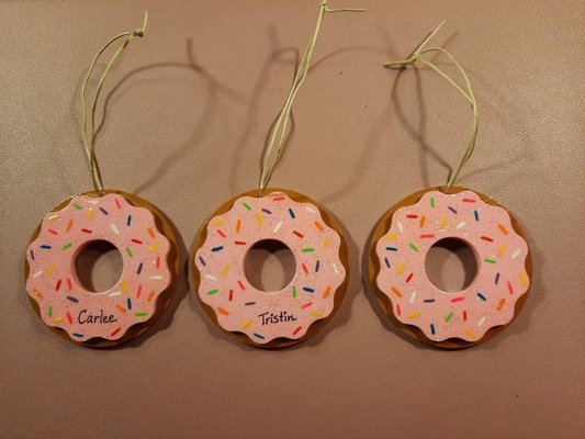 Cute Pink Donut Ornaments - These are always fun to make! I made three of these for a local mom for Christmas. I can paint them in any color/pattern- the sky is the limit. Made of baltic birch wood, standing 3 or 4 inches tall, finished with acrylic paints and sprayed with Krylon finish. $6 for 3 inch, $8 for 4inch. Personalization is free! Cute Pink Donut Ornaments - These are always fun to make! I made three of these for a local mom for Christmas. I can paint them in any color/pattern- the sky is the limit. Made of baltic birch wood, standing 3 or 4 inches tall, finished with acrylic paints and sprayed with Krylon finish. $6 for 3 inch, $8 for 4inch. Personalization is free!