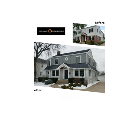 Elmhurst James Hardie Gray Slate & Pearl Gray,and Metal Roof Exterior Makeover - This 80‑year‑old Elmhurst home originally had siding only on the upper level and brick on the lower level. The homeowner wanted a unified, updated exterior with siding all the way down over the brick.
We knew from the beginning that the existing brick wall and upper framing were not aligned, so we designed a custom metal roof band to visually separate the upper and lower levels and create a clean transition. We also added new columns with a portico at the front entry and installed a new shingle roof.
The lower level now features James Hardie lap siding, the upper level is finished with James Hardie panels, and the gables are accented with Hardie shakes. The result is a completely new look for this classic home, with modern lines and durable materials built for Chicago weather.
We’re proud of this design‑build solution and, most importantly, that our client is thrilled with their “new” home. Elmhurst James Hardie Gray Slate & Pearl Gray,and Metal Roof Exterior Makeover - This 80‑year‑old Elmhurst home originally had siding only on the upper level and brick on the lower level. The homeowner wanted a unified, updated exterior with siding all the way down over the brick.
We knew from the beginning that the existing brick wall and upper framing were not aligned, so we designed a custom metal roof band to visually separate the upper and lower levels and create a clean transition. We also added new columns with a portico at the front entry and installed a new shingle roof.
The lower level now features James Hardie lap siding, the upper level is finished with James Hardie panels, and the gables are accented with Hardie shakes. The result is a completely new look for this classic home, with modern lines and durable materials built for Chicago weather.
We’re proud of this design‑build solution and, most importantly, that our client is thrilled with their “new” home.