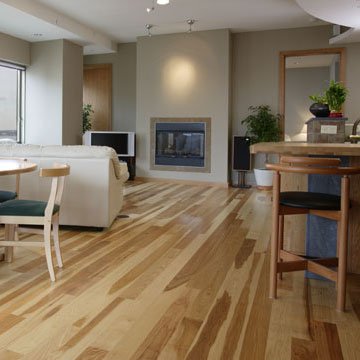 4" Site Finished Hickory Floor - These floors were installed throughout the main level of the home.  We used natural grade 4" hickory and finished on-site with a natural stain and 3 coats of water-based finish.