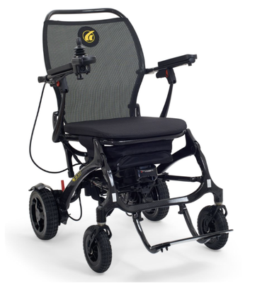 Cricket Power Wheelchair - The all-new Cricket Power Wheelchair is stylish, agile, and extremely portable. Crafted with an incredibly strong yet lightweight 100% carbon fiber frame, the Cricket weighs as light as 33 lbs.*, making travel a breeze! The slim sporty design is perfect for navigating indoors and out while sightseeing, shopping, or dining.

The all-new Cricket Power Wheelchair is stylish, agile, and extremely portable. Crafted with an incredibly strong yet lightweight 100% carbon fiber frame, the Cricket weighs as light as 33 lbs.*, making travel a breeze! The slim sporty design is perfect for navigating indoors and out while sightseeing, shopping, or dining. The roomy padded seat cushion and durable mesh back align with the natural curves of your body providing long-lasting comfort while on the go.

The Cricket features a well-styled joystick designed to make everyday tasks easier such as driving up to a table or maneuvering through a doorway. It has an impressive 22” turning radius and offers a 300 lb. weight capacity, maximum speed of 3.7 mph, and an operating range of up to 9.3 miles on airline-approved 12 AH 24V lithium-ion batteries. It also offers convenient offboard charging and folds effortlessly for transport. The Cricket offers excellent performance and portability for your active lifestyle!