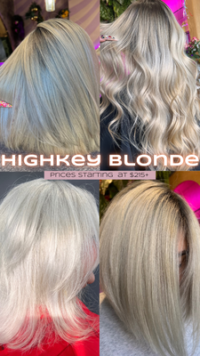 Highkey Blonde - Our High-Key Blonde service is for our committed blonde babes that want to be as blonde as possible! This look has little to no dimension! Whether that be through airtouch technique, highlights, babylights, solid blonde all over + a color melt. We make sure that we use whichever method we find suits you best to accomplish your desired goal! Highkey Blonde - Our High-Key Blonde service is for our committed blonde babes that want to be as blonde as possible! This look has little to no dimension! Whether that be through airtouch technique, highlights, babylights, solid blonde all over + a color melt. We make sure that we use whichever method we find suits you best to accomplish your desired goal!