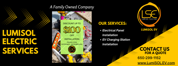 Electric Vehicle Charging Station - We know you have options for who you choose to install and maintain your EV charger, so thanks for choosing the team at LumiSOL EV.

Enjoy $100 OFF installation.
Valid September - December 2024

LumiSOL Electric, a family owned company.

⚡️Thank you for choosing us! ⚡️