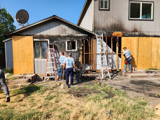 Fire Damage Restoration - A house in a country had a fire that damaged the whole side of the house. It also damaged the living room on the inside. We were asked to repair the damage. Along the way we found quite a bit of damage that the clients decided they wanted to update as well. This included mold removal, installing a new balcony, dry rot/termite damage. Fire Damage Restoration - A house in a country had a fire that damaged the whole side of the house. It also damaged the living room on the inside. We were asked to repair the damage. Along the way we found quite a bit of damage that the clients decided they wanted to update as well. This included mold removal, installing a new balcony, dry rot/termite damage.