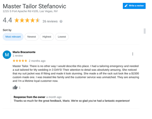 What Others Are Saying - We have been in business for over 40 years. We are a boutique specializing in custom tailoring and alteration services in the Summerlin area. Call today!