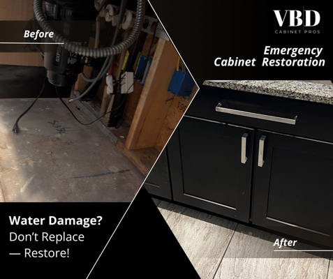 Water Damage Cabinet Restoration - Our client experienced a severe water leak that damaged their sink cabinet and an adjacent unit. To save time and money, we repurposed the existing face frames and doors, crafting two brand-new, durable cabinet boxes. We reinstalled everything with the countertop still in place, ensuring a seamless blend with the rest of the kitchen — both visually and structurally.