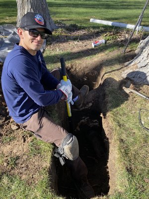 Full Mainline Collapse 75' Repipe & Reroute - This Mainline had a massive cottonwood tree root that weighed heavily on the original clay mainline causing a belly in the line.  The root then suddenly collapsed the sewer near the city tap.  We then realized that tying the line back together was next to impossible, and for the sake of saving the tree the better idea was to re route the line entirely.  This was a happy customer.  The right price, the right team, and the right fix.  Came with a 20 year warranty.