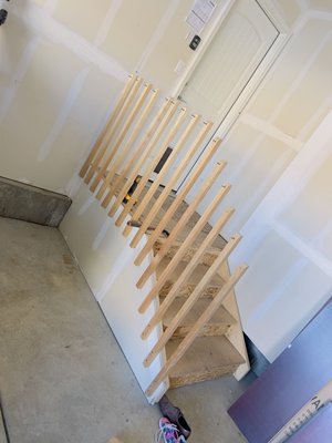 Staircase restructure - Tore down staircase and handrail and narrowed whole case by 1’8” to be able to put wife’s car in garage Staircase restructure - Tore down staircase and handrail and narrowed whole case by 1’8” to be able to put wife’s car in garage