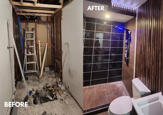 Bathroom Remodel - A complete bathroom renovation featuring a modern design, premium finishes, updated plumbing fixtures, custom tile work, new flooring, vanity installation, and enhanced lighting. Built to combine style, comfort, and long-lasting functionality.