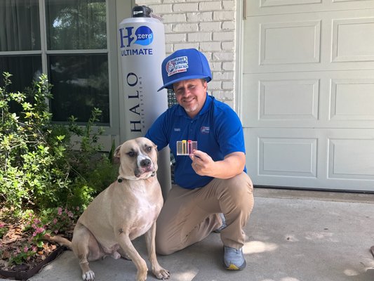 Free water quality tests. - Travis was happy to provide this good boy’s owner with a quality water sample test. They decided to get rid of the chlorine in their water and we install the Halo system in the background.