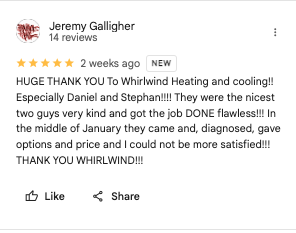 Happy Clients - When it’s time for an AC upgrade, Whirlwind Heating & Cooling provides expert service, premium products, and unparalleled customer care. We’re committed to helping you find the best cooling solution for your home, backed by a dedication to quality, transparency, and professionalism. Don’t let an inefficient AC disrupt your comfort—trust our team to deliver exceptional service from start to finish. With us, your satisfaction is our top priority, and we look forward to providing you with the best AC replacement. Contact Us Today Happy Clients - When it’s time for an AC upgrade, Whirlwind Heating & Cooling provides expert service, premium products, and unparalleled customer care. We’re committed to helping you find the best cooling solution for your home, backed by a dedication to quality, transparency, and professionalism. Don’t let an inefficient AC disrupt your comfort—trust our team to deliver exceptional service from start to finish. With us, your satisfaction is our top priority, and we look forward to providing you with the best AC replacement. Contact Us Today