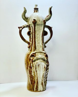 "Taurus Bull", large pottery stoneware growler, 2021 - The first made of Ivan Bratko's Zodiac series. This bull representing Taurus is a large decorative handmade growler/wine decanter. About 2 feet tall. Available for purchase.