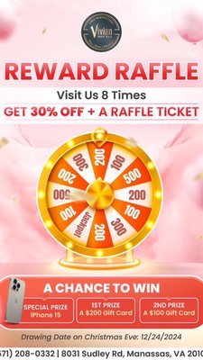 RAFFLE REWARD - Visit us 8 times with a Reward Card, and you’ll be Rewarded TWICE:
👉 Receive 30% OFF & a Raffle Ticket to enter our REWARD RAFFLE🎟️!
Giving you a chance to win AMAZING prizes!
⚡️𝑆𝑝𝑒𝑐𝑖𝑎𝑙 𝑃𝑟𝑖𝑧𝑒: 𝐴𝑛 𝑖𝑃ℎ𝑜𝑛𝑒 15
⚡️1𝑠𝑡 𝑃𝑟𝑖𝑧𝑒: 𝐴 $200 𝐺𝑖𝑓𝑡 𝐶𝑎𝑟𝑑
⚡️2𝑛𝑑 𝑃𝑟𝑖𝑧𝑒: 𝐴 $100 𝐺𝑖𝑓𝑡 𝐶𝑎𝑟𝑑 RAFFLE REWARD - Visit us 8 times with a Reward Card, and you’ll be Rewarded TWICE:
👉 Receive 30% OFF & a Raffle Ticket to enter our REWARD RAFFLE🎟️!
Giving you a chance to win AMAZING prizes!
⚡️𝑆𝑝𝑒𝑐𝑖𝑎𝑙 𝑃𝑟𝑖𝑧𝑒: 𝐴𝑛 𝑖𝑃ℎ𝑜𝑛𝑒 15
⚡️1𝑠𝑡 𝑃𝑟𝑖𝑧𝑒: 𝐴 $200 𝐺𝑖𝑓𝑡 𝐶𝑎𝑟𝑑
⚡️2𝑛𝑑 𝑃𝑟𝑖𝑧𝑒: 𝐴 $100 𝐺𝑖𝑓𝑡 𝐶𝑎𝑟𝑑