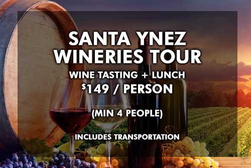 Santa Ynez Wineries Tour - Wine Tasting Tour plus Lunch
$149 / per person
Includes Transportation
(Min 4 People) Santa Ynez Wineries Tour - Wine Tasting Tour plus Lunch
$149 / per person
Includes Transportation
(Min 4 People)