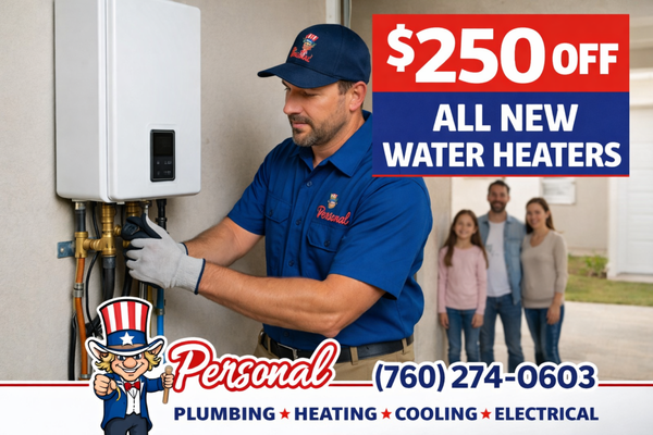Save $250 on a New Tankless Water Heater Installation! - Call (760) 274-0603 to upgrade your home’s hot water system with a new tankless water heater and enjoy endless hot water, lower energy bills, and a system built to last. For a limited time, Personal Plumbing is offering $250 OFF tankless water heater installation for Oceanside, Carlsbad and all San Diego homeowners.
Tankless systems heat water on demand, which means no more running out of hot water, no more waiting for tanks to refill, and a major boost in efficiency. If your current water heater is older, leaking, slow to heat, or costing too much to run, upgrading now can save you money immediately and long-term.
At Personal Plumbing, we specialize in premium tankless installs done right the first time. Our licensed technicians handle everything: system sizing, venting, gas line adjustments, plumbing connections, and full setup according to California code. You’ll get a cleaner installation, better performance, and a system built to run for 20+ years.
✅ Endless hot water
✅ Lower utility bills
✅ Space-saving modern design
✅ Longer lifespan than traditional tanks
✅ Expert installation by a licensed technician
✅ $250 OFF for a limited time
Not sure if tankless is right for your home? We offer free in-home consultations to assess your system, explain your options, and provide upfront, honest pricing. Save $250 on a New Tankless Water Heater Installation! - Call (760) 274-0603 to upgrade your home’s hot water system with a new tankless water heater and enjoy endless hot water, lower energy bills, and a system built to last. For a limited time, Personal Plumbing is offering $250 OFF tankless water heater installation for Oceanside, Carlsbad and all San Diego homeowners.
Tankless systems heat water on demand, which means no more running out of hot water, no more waiting for tanks to refill, and a major boost in efficiency. If your current water heater is older, leaking, slow to heat, or costing too much to run, upgrading now can save you money immediately and long-term.
At Personal Plumbing, we specialize in premium tankless installs done right the first time. Our licensed technicians handle everything: system sizing, venting, gas line adjustments, plumbing connections, and full setup according to California code. You’ll get a cleaner installation, better performance, and a system built to run for 20+ years.
✅ Endless hot water
✅ Lower utility bills
✅ Space-saving modern design
✅ Longer lifespan than traditional tanks
✅ Expert installation by a licensed technician
✅ $250 OFF for a limited time
Not sure if tankless is right for your home? We offer free in-home consultations to assess your system, explain your options, and provide upfront, honest pricing.