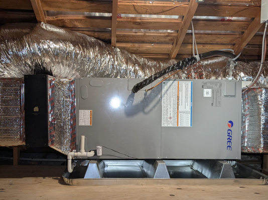 Heat pump installation + heat pump water heater + air duct redesign and installation. - The customer originally had a gas furnace located in the garage right next to a traditional water heater. The ducts were wrapped with asbestos insulation, so we coordinated an asbestos abatement firm to remove that prior to our arrival. The air handler was relocated to the attic and a new corrugated aluminum duct system was installed. The heat pump installation project took about seven days to complete. Heat pump installation + heat pump water heater + air duct redesign and installation. - The customer originally had a gas furnace located in the garage right next to a traditional water heater. The ducts were wrapped with asbestos insulation, so we coordinated an asbestos abatement firm to remove that prior to our arrival. The air handler was relocated to the attic and a new corrugated aluminum duct system was installed. The heat pump installation project took about seven days to complete.