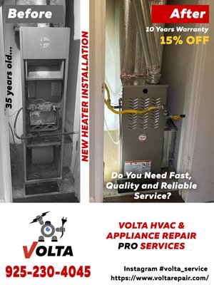 The Gas Furnace Installation / Replacement - This Gas Furnace was done in an old house. The heater 35 years old and was already broken. The owner has long dreamed of replacing it with a new one. We disassembled and disposed of the old heater, changed the gas shut-off valve, installed a new gas line by code, a new plenum, a new more economical and reliable Gas Furnace, and even added an air filter box so that there was separate access to the air filter. The owner has very happy and pleased!