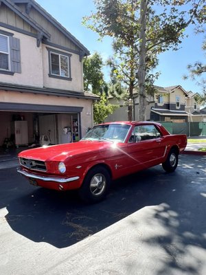 1965 Mustang Hot Rod Red ADDED Race Stripe and Door Stripes - The process was a detailed wash followed up by a wet sanding to remove any high rusted areas. After emblems front and back chrome bumper were removed then finished with a complete wrap to revive the Old school looks