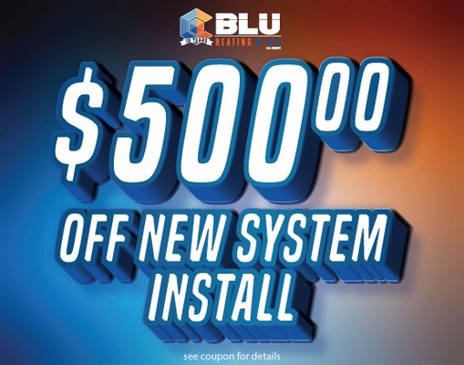 Big Savings Alert: $500 Off New AC or Heater System Installation! - 🌞 Stay Cool and Cozy with BLU HVAC Heating and Air! 🌬️
Ready for an upgrade to your home’s comfort system? There’s no better time than now with BLU HVAC Heating and Air in Chula Vista. We're excited to offer a spectacular promotion exclusively for our Yelp community!
🌟 Exclusive Offer: Save $500 on any new AC or heater system installation. Upgrade your home with the latest in HVAC technology and enjoy efficient, reliable comfort.
Top Reasons to Choose BLU HVAC Heating and Air:
Advanced Technology: We provide the latest HVAC systems designed for efficiency and durability.
Expert Installation: Our skilled technicians ensure your new system is installed perfectly for optimal performance.
Long-Term Savings: Modern systems are more energy-efficient, saving you money on utility bills in the long run.
Offer Details:
Phone: (619) 380-0921
Discount: $500 off any new AC or heater system installation
Whether you’re replacing an outdated unit or installing your first system, take advantage of this fantastic offer to enhance the comfort and value of your home. Don't miss out on this opportunity to save big and stay comfortable no matter the season.
🔧 Call today to claim your discount and schedule your installation! Experience the difference with BLU HVAC Heating and Air. Big Savings Alert: $500 Off New AC or Heater System Installation! - 🌞 Stay Cool and Cozy with BLU HVAC Heating and Air! 🌬️
Ready for an upgrade to your home’s comfort system? There’s no better time than now with BLU HVAC Heating and Air in Chula Vista. We're excited to offer a spectacular promotion exclusively for our Yelp community!
🌟 Exclusive Offer: Save $500 on any new AC or heater system installation. Upgrade your home with the latest in HVAC technology and enjoy efficient, reliable comfort.
Top Reasons to Choose BLU HVAC Heating and Air:
Advanced Technology: We provide the latest HVAC systems designed for efficiency and durability.
Expert Installation: Our skilled technicians ensure your new system is installed perfectly for optimal performance.
Long-Term Savings: Modern systems are more energy-efficient, saving you money on utility bills in the long run.
Offer Details:
Phone: (619) 380-0921
Discount: $500 off any new AC or heater system installation
Whether you’re replacing an outdated unit or installing your first system, take advantage of this fantastic offer to enhance the comfort and value of your home. Don't miss out on this opportunity to save big and stay comfortable no matter the season.
🔧 Call today to claim your discount and schedule your installation! Experience the difference with BLU HVAC Heating and Air.