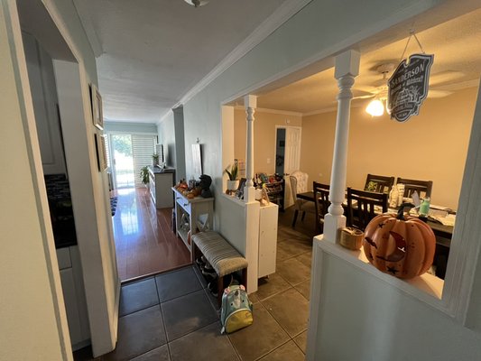 Open concept project - This remodel was done on an old room that was in the middle of the house. The rest of the house had no issues with the space, however that room did stuck out like a sore thumb taking a lot of space. We demolished the old walls and installed two posts instead, also we hung up the lvls beams and secured the ceiling to it. Once we finished we covered all the gaps with drywall sheets and matched the texture with the old walls. Owners requested to paint the walls themselves so we had to respect their wishes. The house looks spacious once we finished and the owners are happy with the work. Open concept project - This remodel was done on an old room that was in the middle of the house. The rest of the house had no issues with the space, however that room did stuck out like a sore thumb taking a lot of space. We demolished the old walls and installed two posts instead, also we hung up the lvls beams and secured the ceiling to it. Once we finished we covered all the gaps with drywall sheets and matched the texture with the old walls. Owners requested to paint the walls themselves so we had to respect their wishes. The house looks spacious once we finished and the owners are happy with the work.
