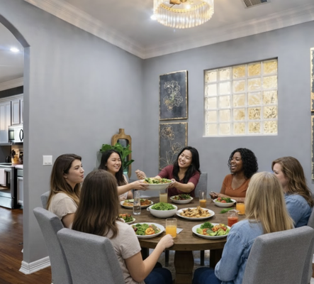 Community - Recovery is strengthened in community. Living alongside other women committed to sobriety creates connection, accountability, and shared growth. As residents build new routines, friendships, and hobbies, they support one another through the everyday work of rebuilding. Weekly girls’ nights, shared dinners, and weekend activities create consistent opportunities to connect, encourage, and grow together.

*To honor the privacy of the women we serve, people in images are digitally recreated