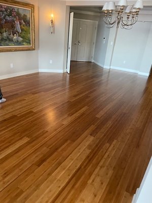 Refinish bamboo - This project had multiple scratches and a few spots where cleaning chemicals had distorted the color of the floor. Also, painters had put tape down when covering the floor and it pealed the finish off. These are the result after refinishing with a Matte finish. Refinish bamboo - This project had multiple scratches and a few spots where cleaning chemicals had distorted the color of the floor. Also, painters had put tape down when covering the floor and it pealed the finish off. These are the result after refinishing with a Matte finish.