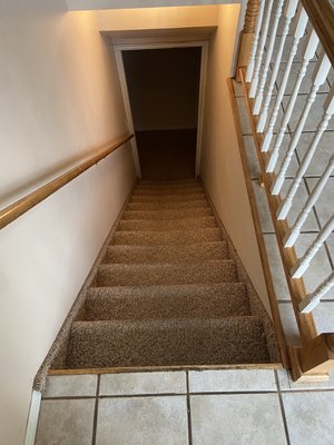 Stair Clean - Our regular client sent us this referral. New tenants were moving in on short notice and the previous tenants left us a doozy of a job. We cleaned her up wonderfully, these stairs being evidence