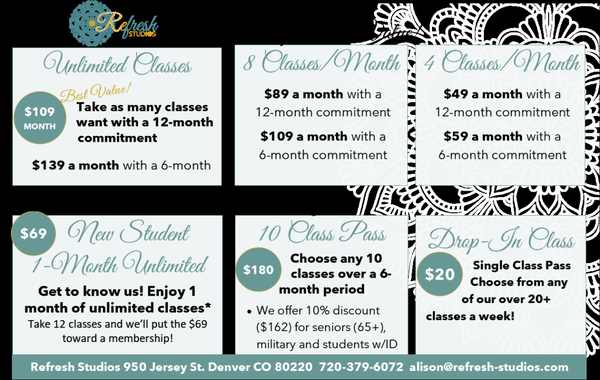 Our Packages - Refresh Studios is NOW OPEN to Nine In-person Classes but we are still Online doing 19 Zoom & Band Classes weekly! Our Packages - Refresh Studios is NOW OPEN to Nine In-person Classes but we are still Online doing 19 Zoom & Band Classes weekly!