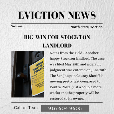 Default Judgment Success - Another successful landlord obtains possession of their property by default judgment in San Joaquin County. Default Judgment Success - Another successful landlord obtains possession of their property by default judgment in San Joaquin County.