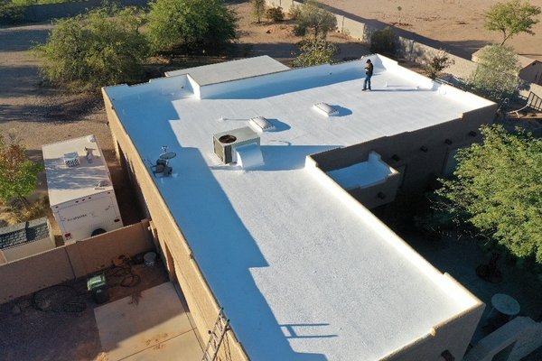 Spray foam roofing - This roof is spray foam roofing. It is first torn down to plywood decking. Then is sprayed with polyurethane roofing foam. Once that is dried, it is coated with elastomeric to protect the roof. Spray foam roofing - This roof is spray foam roofing. It is first torn down to plywood decking. Then is sprayed with polyurethane roofing foam. Once that is dried, it is coated with elastomeric to protect the roof.