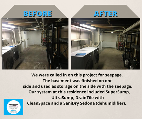 Drainage System installation - We were called in on this project for seepage.
The basement was finished on one
side and used as storage on the side with the seepage.
Our system at this residence included SuperSump,
UltraSump, DrainTile with
CleanSpace and a SaniDry Sedona (dehumidifier). Drainage System installation - We were called in on this project for seepage.
The basement was finished on one
side and used as storage on the side with the seepage.
Our system at this residence included SuperSump,
UltraSump, DrainTile with
CleanSpace and a SaniDry Sedona (dehumidifier).