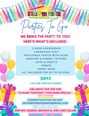 Parties at your location - Do you enjoy outdoor celebrations? We deliver entertainment directly to your location! Our services will keep children engaged and amused, featuring our newest inflatable castle for hours of delight, piñata, goody bags, character appearances, and much more. Call us today to reserve. 718-418-5437 Parties at your location - Do you enjoy outdoor celebrations? We deliver entertainment directly to your location! Our services will keep children engaged and amused, featuring our newest inflatable castle for hours of delight, piñata, goody bags, character appearances, and much more. Call us today to reserve. 718-418-5437