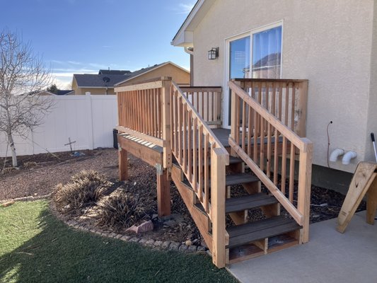 Deck rebuild January 2025 - Old deck was rotted and poorly built, we rebuilt it with pressure treated framing, composite decking and wood railings, as well as raising it to the same level as the door. Deck rebuild January 2025 - Old deck was rotted and poorly built, we rebuilt it with pressure treated framing, composite decking and wood railings, as well as raising it to the same level as the door.