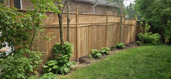 Fence replacement - The ice storm back in March caused chaos and disaster for alot of people. Luckily we were able to help a couple restore their fence before it caused more damage or hurt someone. The ice storm knocked numerous sections of fence panels down and broke the posts off at the bases causing them to lean. With some back breaking effort and patience we were able to remove the five old concrete bases and pour new foundations for the new posts. Installed new fence boards with lattice tops and an accent board to match the existing fence. On to the next one! Fence replacement - The ice storm back in March caused chaos and disaster for alot of people. Luckily we were able to help a couple restore their fence before it caused more damage or hurt someone. The ice storm knocked numerous sections of fence panels down and broke the posts off at the bases causing them to lean. With some back breaking effort and patience we were able to remove the five old concrete bases and pour new foundations for the new posts. Installed new fence boards with lattice tops and an accent board to match the existing fence. On to the next one!