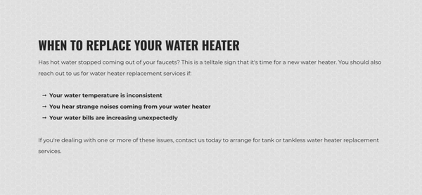 Water Heater Replacement - Say Goodbye to Your Outdated and Damaged Water Heater
Turn to us for water heater replacement services in or around Fruit Cove & Orange Park, FL.
Is your water heater constantly breaking down and causing you distress? If you're ready to get rid of it ASAP, turn to Water Heater PDQ. We provide professional and reliable water heater replacement services throughout the Fruit Cove & Orange Park, FL area. Before installation begins, we'll safely remove your current water heater and dispose of it carefully. Then, we'll help you choose the right water heater based on your budget and install it with precision.
Start your tank or tankless water heater replacement project with us now.
When to replace your water heater:
- Has hot water stopped coming out of your faucets? This is a telltale sign that it's time for a new water heater.
You should also reach out to us for water heater replacement services if:
- Your water temperature is inconsistent
- You hear strange noises coming from your water heater
- Your water bills are increasing unexpectedly
If you're dealing with one or more of these issues, contact us today to arrange for tank or tankless water heater replacement services. Water Heater Replacement - Say Goodbye to Your Outdated and Damaged Water Heater
Turn to us for water heater replacement services in or around Fruit Cove & Orange Park, FL.
Is your water heater constantly breaking down and causing you distress? If you're ready to get rid of it ASAP, turn to Water Heater PDQ. We provide professional and reliable water heater replacement services throughout the Fruit Cove & Orange Park, FL area. Before installation begins, we'll safely remove your current water heater and dispose of it carefully. Then, we'll help you choose the right water heater based on your budget and install it with precision.
Start your tank or tankless water heater replacement project with us now.
When to replace your water heater:
- Has hot water stopped coming out of your faucets? This is a telltale sign that it's time for a new water heater.
You should also reach out to us for water heater replacement services if:
- Your water temperature is inconsistent
- You hear strange noises coming from your water heater
- Your water bills are increasing unexpectedly
If you're dealing with one or more of these issues, contact us today to arrange for tank or tankless water heater replacement services.