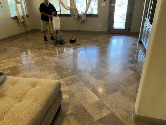 Marble Restoration - This is a 10 year Marble floor that we got to do a full restoration on. It became very matt and dull, we took off the remaining finish and restored it to a high polish shein. At the end on the job you could see the outside trees on the floor. That wet look is it completely finished. We restored, buffed and re sealed. Marble Restoration - This is a 10 year Marble floor that we got to do a full restoration on. It became very matt and dull, we took off the remaining finish and restored it to a high polish shein. At the end on the job you could see the outside trees on the floor. That wet look is it completely finished. We restored, buffed and re sealed.