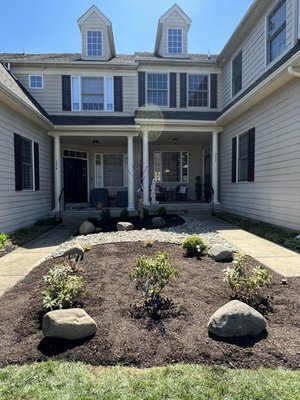 Residential design - Customers wanted to have a front landscaping re-design we got the approval and in one day we manage to remove old shrubs, old mulch, put fabric, river stone, trees and boulders. Residential design - Customers wanted to have a front landscaping re-design we got the approval and in one day we manage to remove old shrubs, old mulch, put fabric, river stone, trees and boulders.