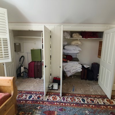 Bedroom Closet - Client needed to have her double closet redone by decluttering and downsizing to allow for guests to be able to store "their" items as well as having a linen closet for use. Bedroom Closet - Client needed to have her double closet redone by decluttering and downsizing to allow for guests to be able to store "their" items as well as having a linen closet for use.