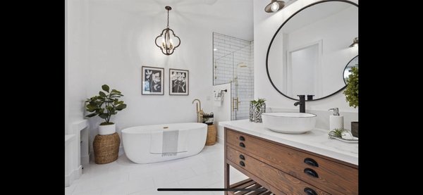 Rocklin renovation - Custom bathroom with walk-in shower frameless shower door freestanding faucet and a freestanding tub with custom vanity with Undermount sink￼