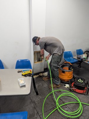 Hydro-Jetting - This was a badly clogged roof drain with no access, and central in a 200,000 sq ft roof. We found the line, made a clean cut to access the pipe, installed a cleanout, and then serviced the line with a sectional machine, camera, and hydro-jetter to clear the blockage and restore flow. Hydro-Jetting - This was a badly clogged roof drain with no access, and central in a 200,000 sq ft roof. We found the line, made a clean cut to access the pipe, installed a cleanout, and then serviced the line with a sectional machine, camera, and hydro-jetter to clear the blockage and restore flow.