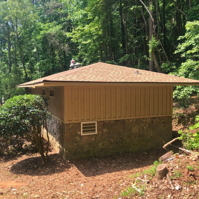 Stone Mountain Park Roof Repair - Sheathing & shingle repair, soffit & trim installation. After damage from outdoor elements, this park building needed a partial roof repair. Stone Mountain Park Roof Repair - Sheathing & shingle repair, soffit & trim installation. After damage from outdoor elements, this park building needed a partial roof repair.