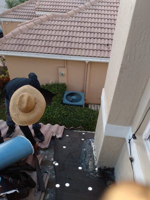 Multiple leaks on tile roof. - Multiple leaks were repaired on tile roof, replaced rooted wood and place the materials back including the tiles and replaced with new tiles the ones found broken during the repair.