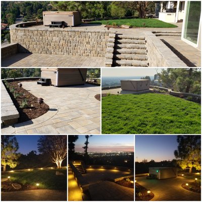 Wall system and Interlocking Paver Installation - This project consisted of walls, deck patio, stairs, sod, lighting, drainage system and interlocking pavers on a hillside.  This project took about 2-3 months.