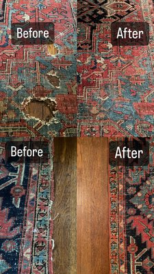 Rejuvenating an antique Ca.1920's handmade Persian Heriz - This beautiful antique handmade Heriz was chewed on by a dog which caused 16 holes on the rug. All around edges were unraveled mostly because of the vacuum cleaner and overtime foot trafficking. Some of the design were lost due to the unraveling.
Repair process : 1- All holes were patched meaning our master weaver found pieces from another rug with similar design and color palette to fill out the holes on the damaged rug.
2-All around edges were re-secured and re-weaved thread by thread with hand to prevent the rug from further damage.
Cleaning process :
1- Dust removal was carefully done by vacuuming the rug from the back several times.
2-Due to the age and the condition of the rug, our team carefully dry cleaned the rug.
3- No chemical or machine were used during the cleaning process as it can be too harsh for a rug in that condition. Rejuvenating an antique Ca.1920's handmade Persian Heriz - This beautiful antique handmade Heriz was chewed on by a dog which caused 16 holes on the rug. All around edges were unraveled mostly because of the vacuum cleaner and overtime foot trafficking. Some of the design were lost due to the unraveling.
Repair process : 1- All holes were patched meaning our master weaver found pieces from another rug with similar design and color palette to fill out the holes on the damaged rug.
2-All around edges were re-secured and re-weaved thread by thread with hand to prevent the rug from further damage.
Cleaning process :
1- Dust removal was carefully done by vacuuming the rug from the back several times.
2-Due to the age and the condition of the rug, our team carefully dry cleaned the rug.
3- No chemical or machine were used during the cleaning process as it can be too harsh for a rug in that condition.