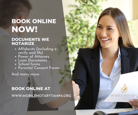 Notary Appointments Available. Evening and weekend Appointments Available - 🌟 Unlock the Convenience of Mobile Notary Services in Tampa! 🌟

📝 Need a notary but can't find the time during the workweek? Look no further! Our expert mobile notary service in Tampa specializes in flexible evening and weekend appointments, tailored to fit your busy schedule.

🔍 Searching for a reliable notary near you? Trust our seasoned professionals to handle your documents with care and precision, right at your doorstep.

💼 Whether it's for real estate transactions, legal documents, or business contracts, we've got you covered. No more rushing around or taking time off work – we bring the notary to you!

🌅 Embrace the convenience of evening and weekend appointments – book now and experience hassle-free notarization at your convenience.

🌐 Visit our website www.mobilenotarytampa.org to schedule your appointment today and discover the ease of mobile notary services in Tampa!