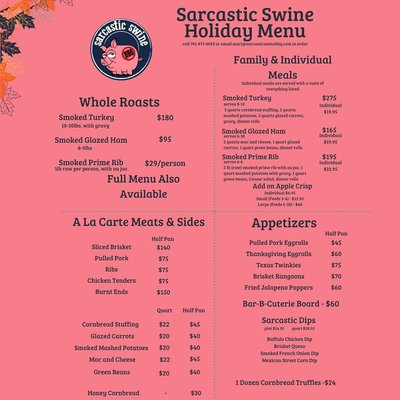 Holiday Menu - It's time to get your holiday orders in! We will be open for pickups on Christmas Eve from 8-4:30 and CLOSED on Christmas Day. Orders for Christmas Eve must be placed by Saturday 12/21. Holiday Menu - It's time to get your holiday orders in! We will be open for pickups on Christmas Eve from 8-4:30 and CLOSED on Christmas Day. Orders for Christmas Eve must be placed by Saturday 12/21.