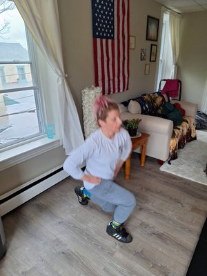 Client performing lunges - This is one of my clients performing lunges in one of our sessions. As you can see, they are in the comfort of their home and still getting a good workout in. Client performing lunges - This is one of my clients performing lunges in one of our sessions. As you can see, they are in the comfort of their home and still getting a good workout in.
