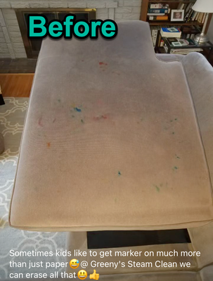 Couch cleaning - Customer needed to have marker drawings removed from the couch. We used the best technology to get it cleaned in no time! Clean couch - happy customer! Couch cleaning - Customer needed to have marker drawings removed from the couch. We used the best technology to get it cleaned in no time! Clean couch - happy customer!