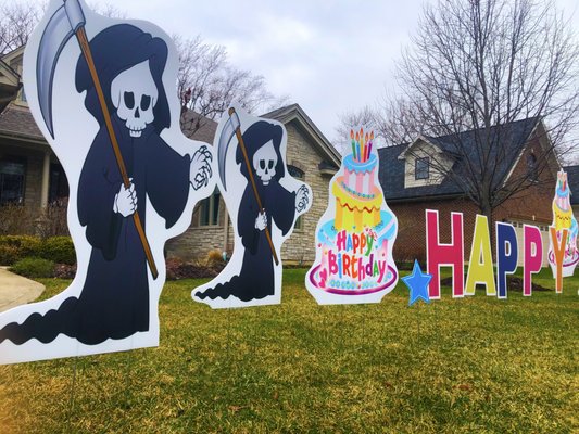 Bill turned 50 in Mt. Prospect - Fun Grim Reapers yard surprise! - Bill's wife surprised him with our fun grim reapers and other yard and lawn signs in Mt. Prospect - Happy Birthday Bill from Chicago Lawn Signs Bill turned 50 in Mt. Prospect - Fun Grim Reapers yard surprise! - Bill's wife surprised him with our fun grim reapers and other yard and lawn signs in Mt. Prospect - Happy Birthday Bill from Chicago Lawn Signs