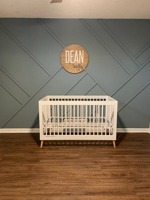 Custom Carpentry - Geometric Wood Accent Wall - New home was purchased and a new baby was on the way. We replaced the flooring, created a custom geometric wood accent wall and painted. Custom Carpentry - Geometric Wood Accent Wall - New home was purchased and a new baby was on the way. We replaced the flooring, created a custom geometric wood accent wall and painted.